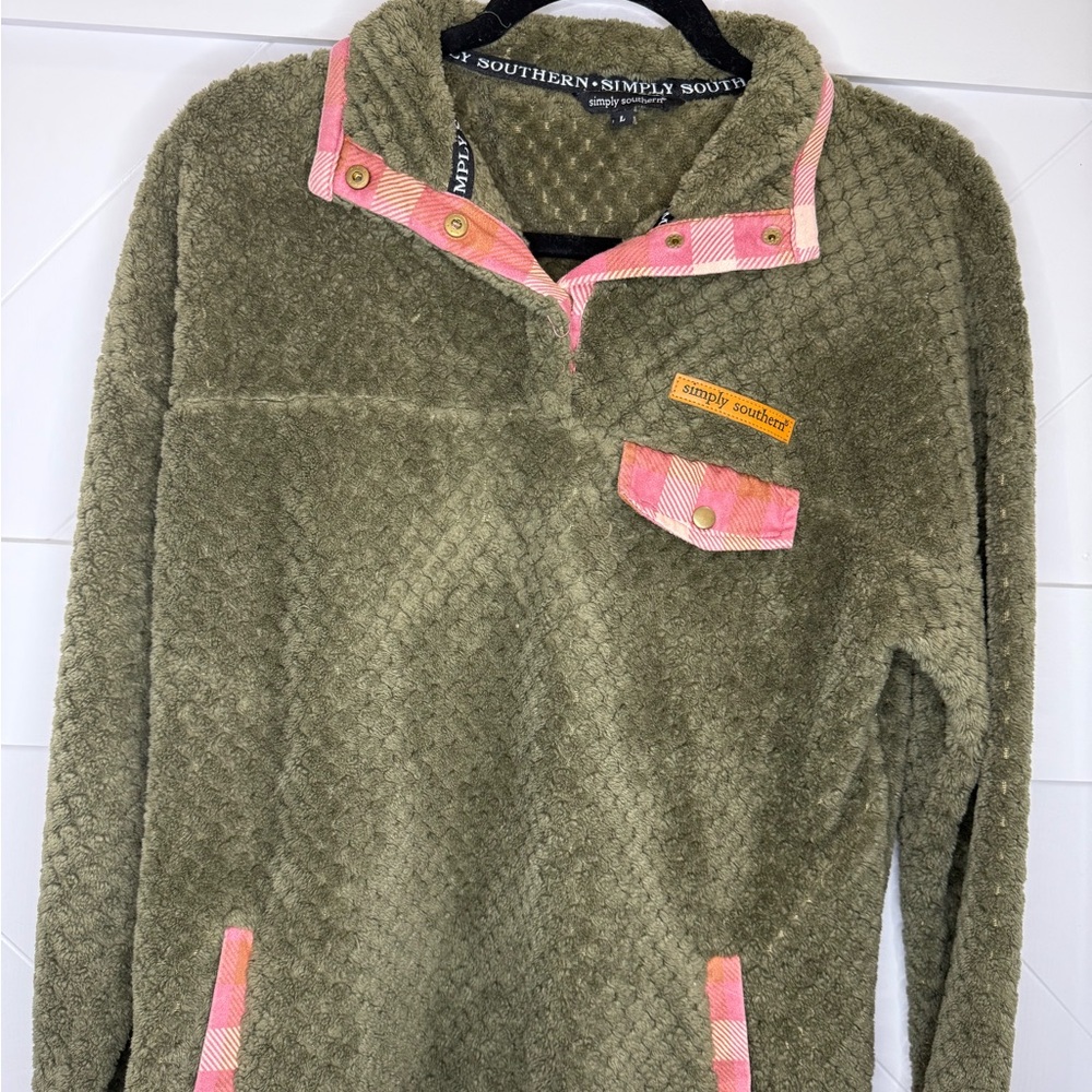Simply Southern Textured Olive Pullover with Pink Plaid Details